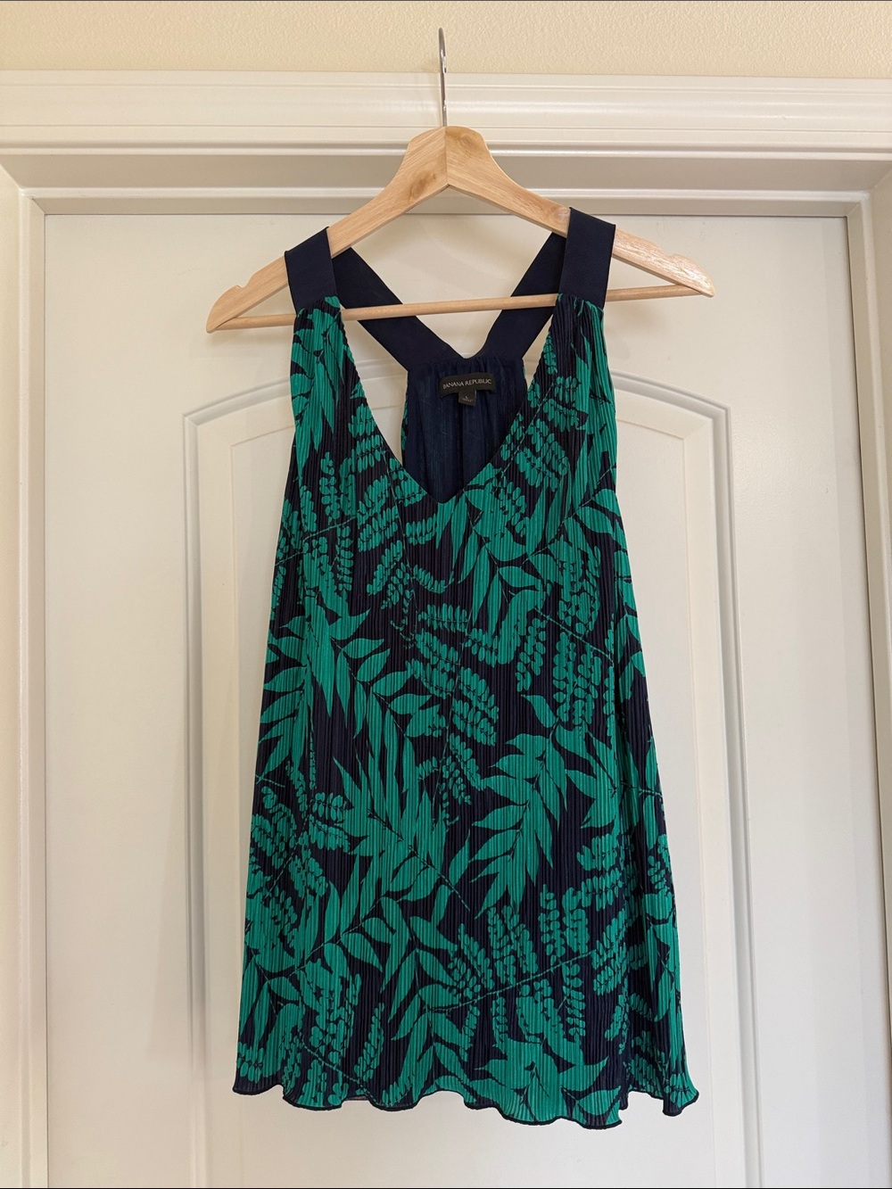Banana Republic Navy Flowy Top with Green Leaf Print